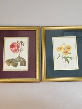 Vintage Art Prints Pair Botanical Flora Rose Yellow Daisy Gilt Frame '95 Box USA